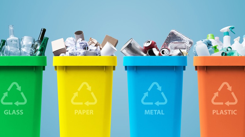 Filled and labeled recycling bins 