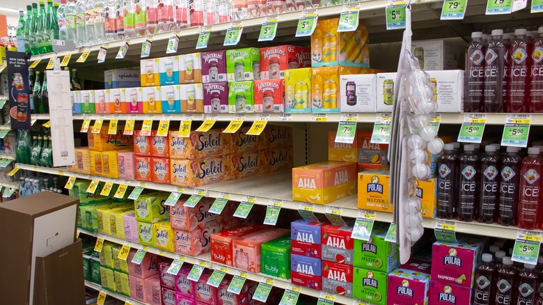 boxes of sparkling water on store shelves