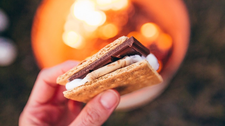 s'mores over the flames of an outdoor fire