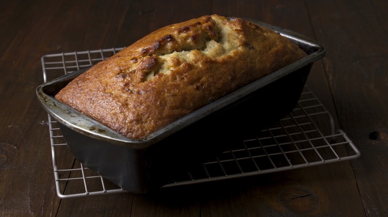 Homemade banana bread in a loaf pan