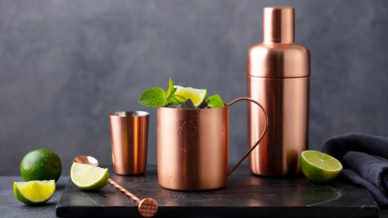 copper cocktail mugs and shaker