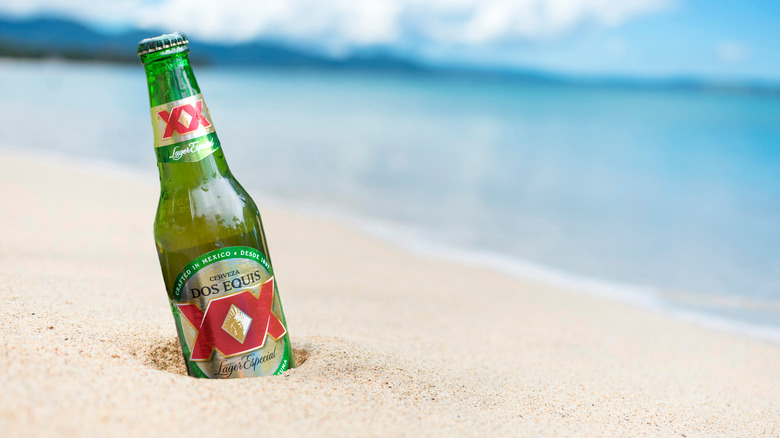 Dos Equis bottle buried in sand