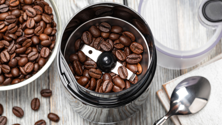 whole coffee beans in a grinder surrounded by more beans and a spoon