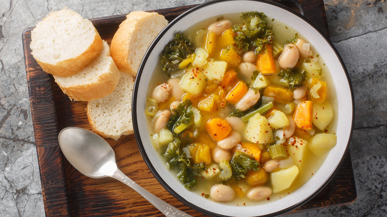 white bean and vegetable soup with bread