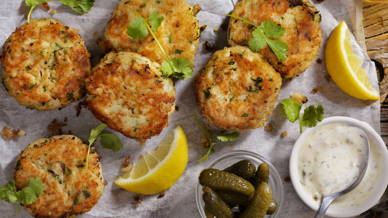 Crab cakes with sauce, pickles, and lemon wedges