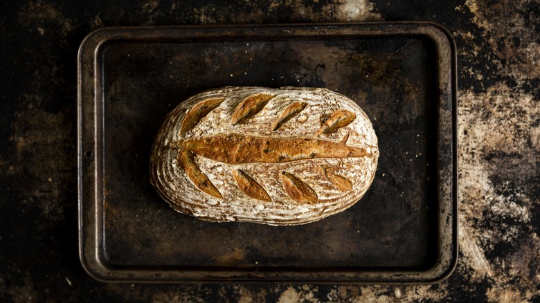 sourdough loaf of bread on a cookie sheet