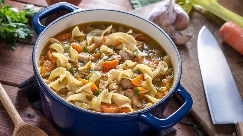 Pot of chicken noodle soup