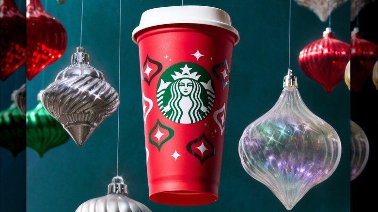 Starbucks 2023 reusable red cup and ornaments