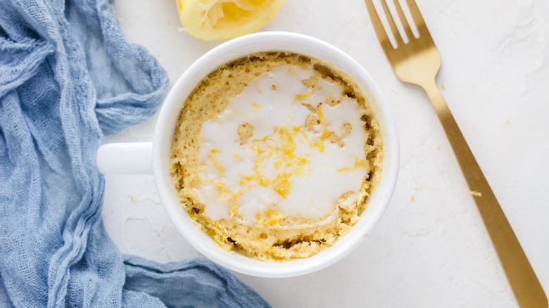 Lemon mug cake and fork