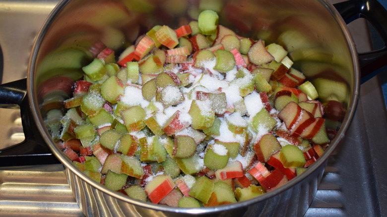 Rhubarb in stainless steel pan