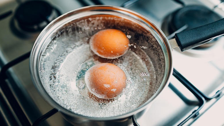 two eggs boiling in pot