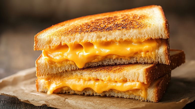 grilled cheese with cheddar on a rustic board