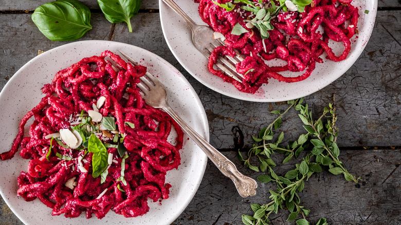 beet pasta with fresh herbs