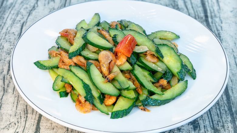 plate of stir-fried cucumbers with shrimp