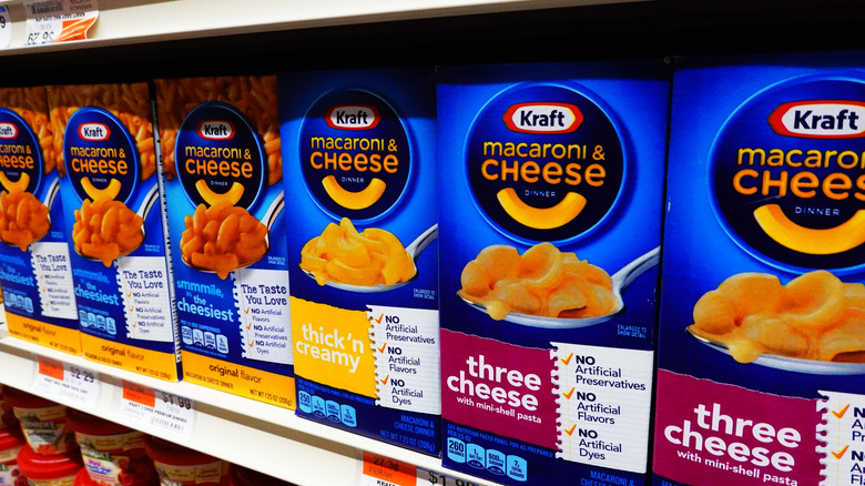 Boxed mac and cheese on shelf