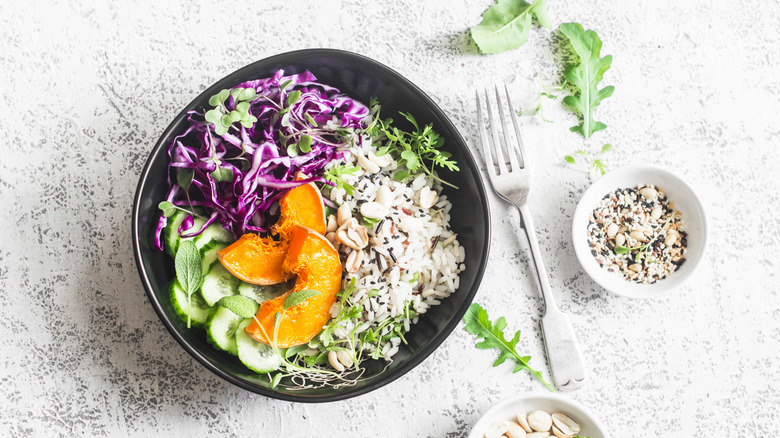 Rainbow rice in white and blue bowl