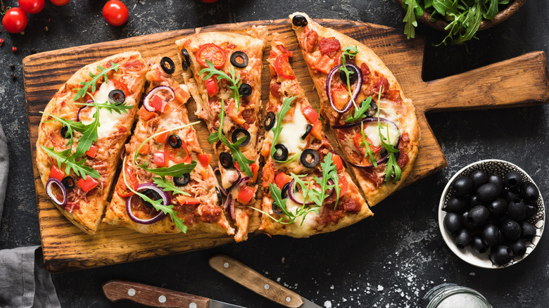 Flat bread pizza on a board