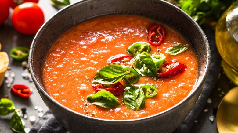 tomato soup with basil and peppers