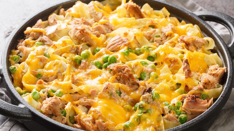 Dish of tuna noodle casserole with cheese