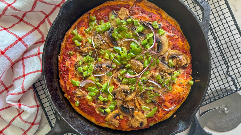 Pizza in cast iron skillet