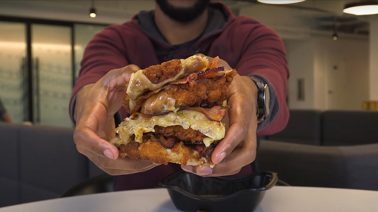 showing chick-fil-a double down to camera