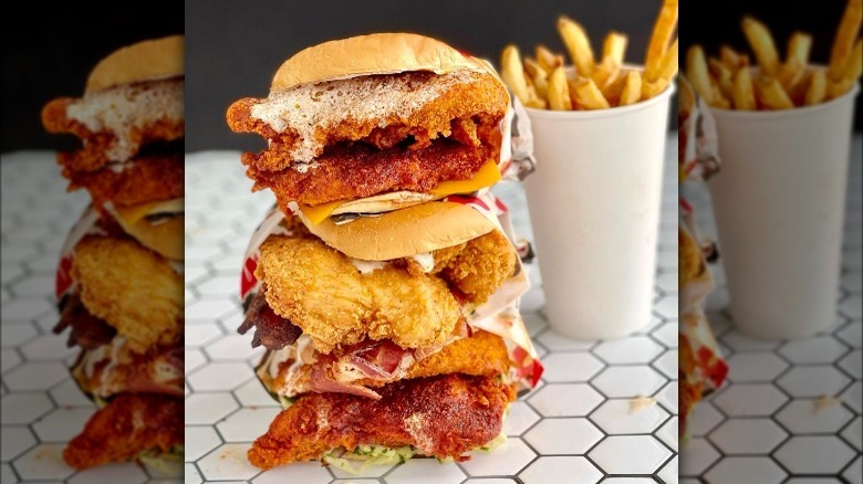 stack of roaming rooster chicken sandwiches