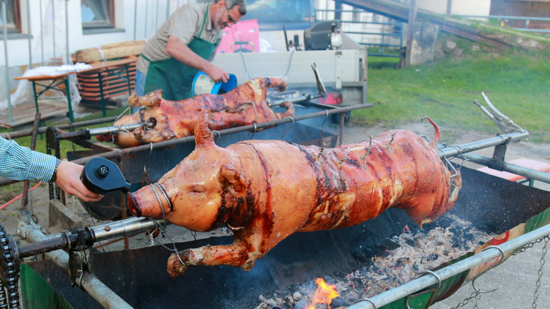 pig roasting on a spit