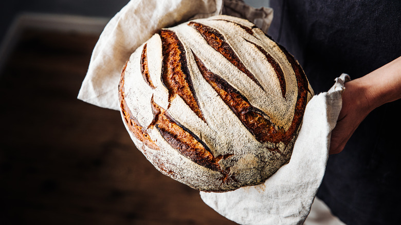 Hands holding homemade sourdough