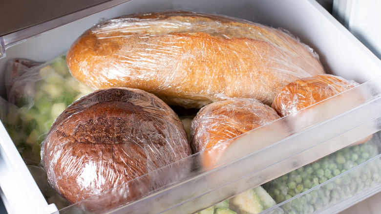 Frozen bread in freezer