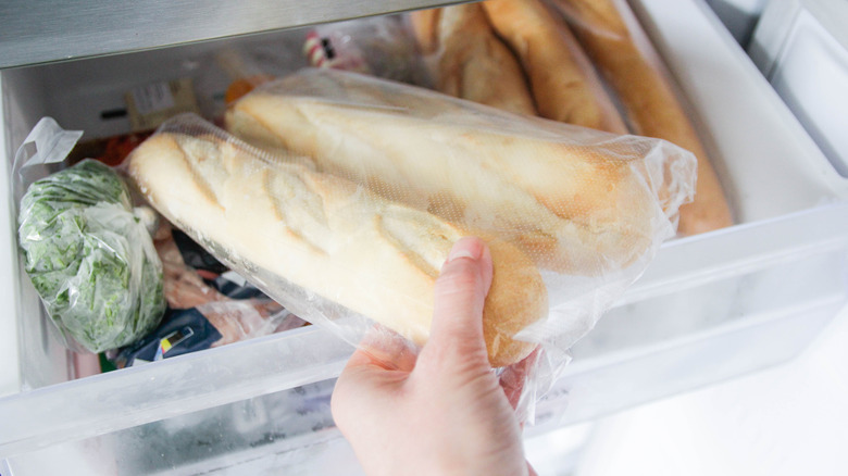 Frozen baguettes in plastic bag. pulled from freezer