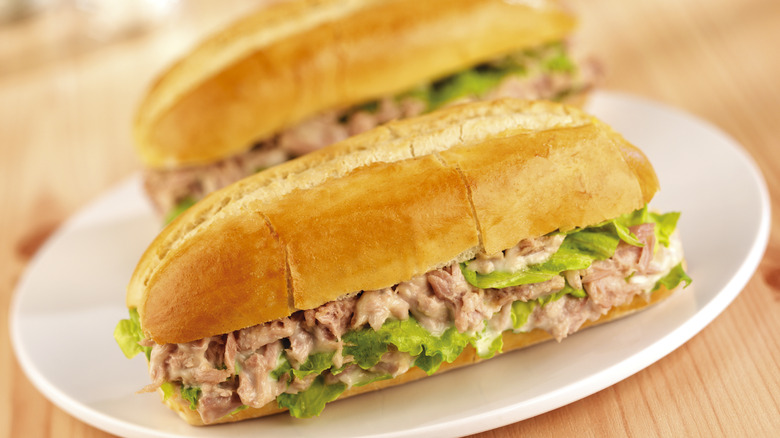 Two tuna salad sub sandwiches