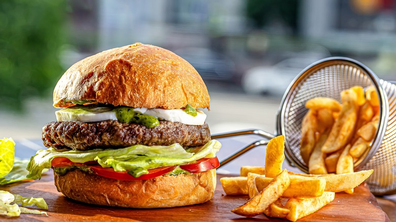 Lamb burger in a bun with fries