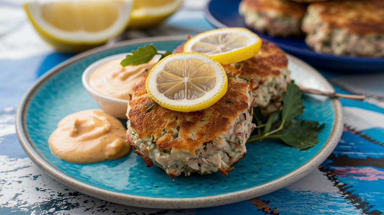 Crab cakes with lemon slices