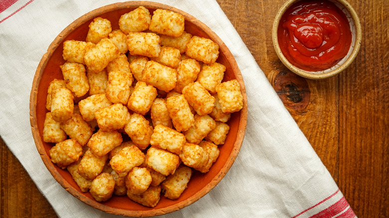 bowl of tater tots with a side of ketchup