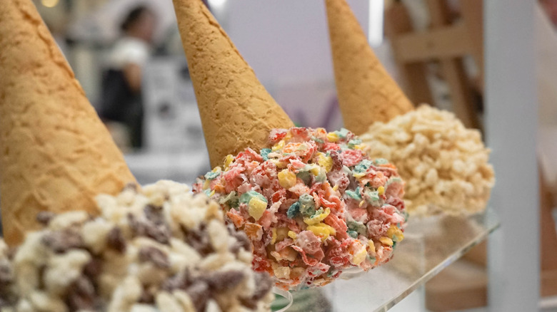 Cereal-covered ice cream cones