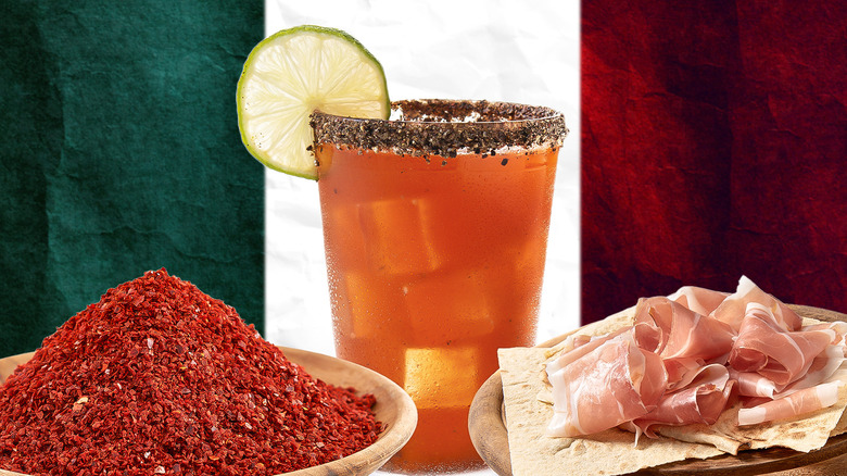 Michelada with prosciutto and crushed red pepper flakes 