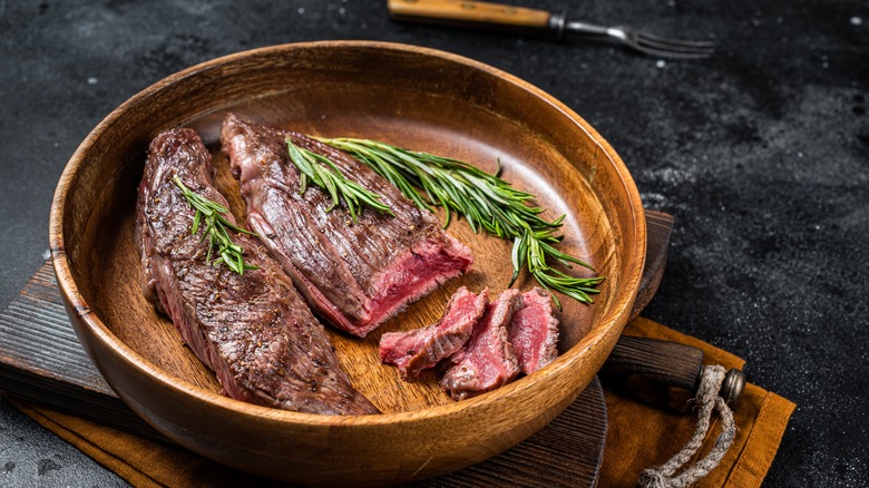 sliced flank steak in bowl