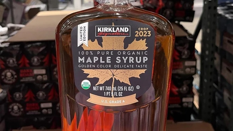 bottle of Kirkland maple syrup