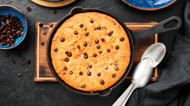 Chocolate chip skillet cookie with spoon