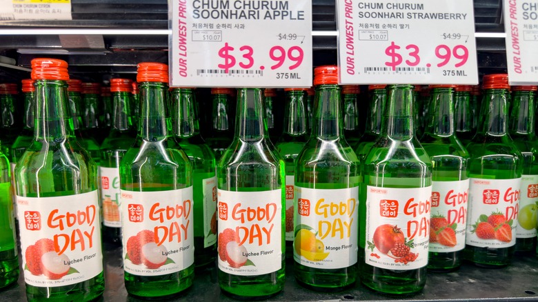 Bottles of soju on store shelf