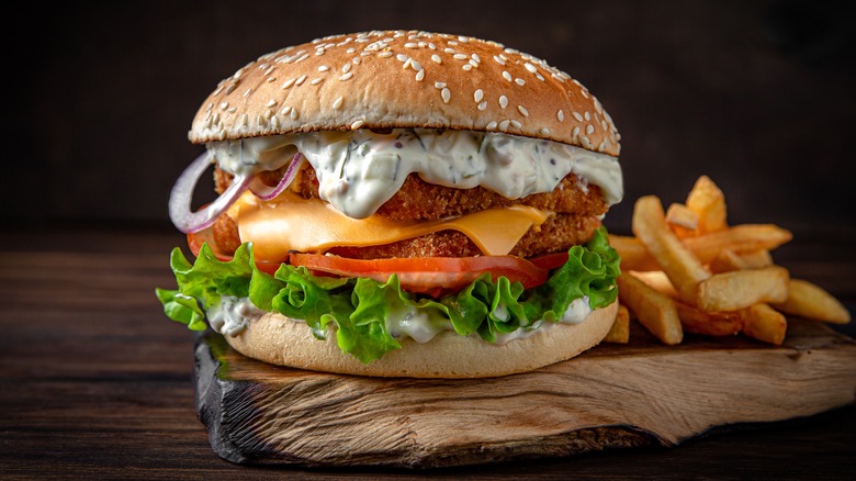 fish burger with fries