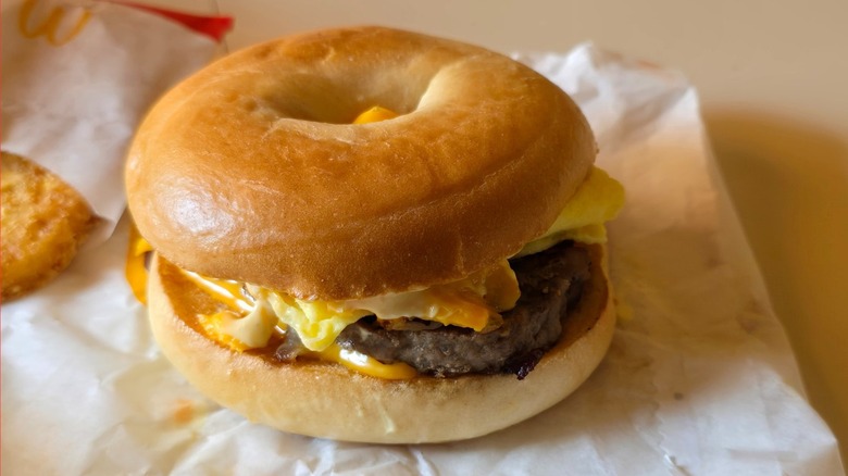 mcdonald's bagel with sausage, egg, cheese, and breakfast sauce