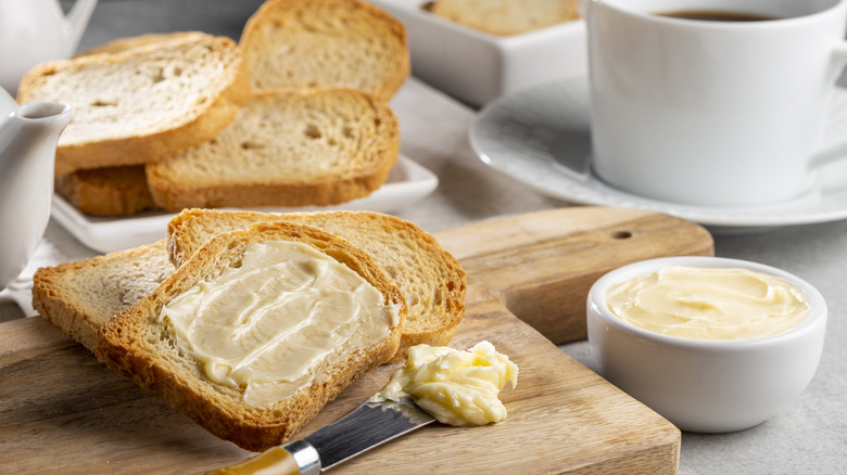 butter, bread, coffee in restaurant