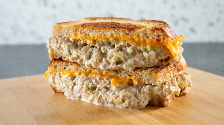 Tuna melt on cutting board