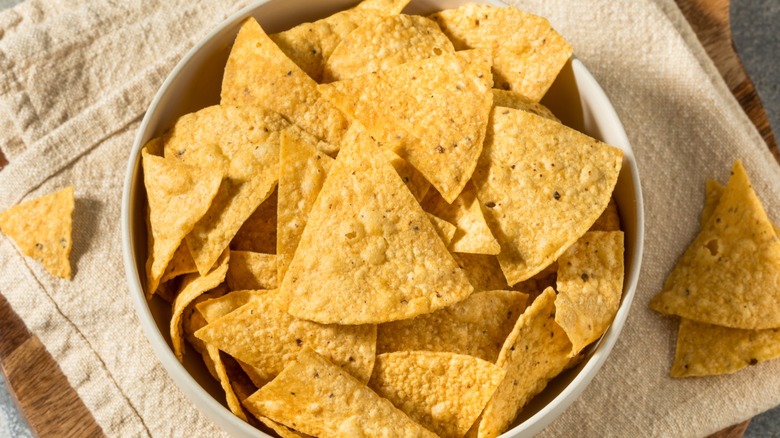Overview of a bowl of homemade tortilla chips