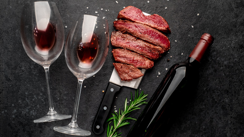 wine glasses and steak