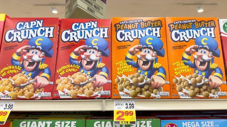 Cap'n Crunch cereal boxes on a store shelf