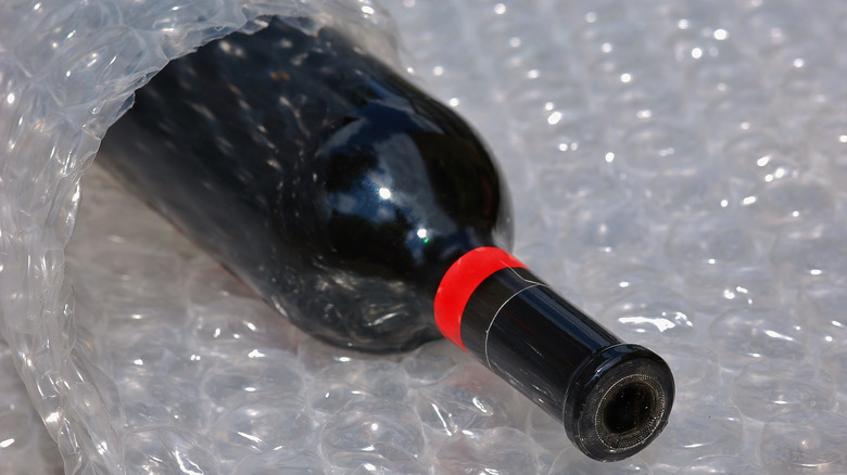 wine bottle in bubble wrap