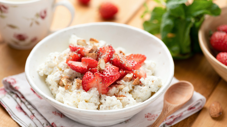 Strawberries and cottage cheese in a bowl