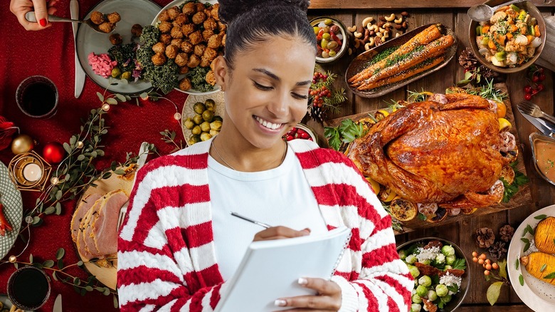 Woman writing checklist on notepad against background of holiday dinner table